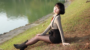 Asian Model Women Short Hair Dark Hair Sitting Lake Shore Grass Ankle Boots Long Sleeves Skirt Camer 2100x1496 Wallpaper