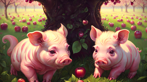 Piglet Pigs Farm Ai Art Animals Apples Leaves Fruit Grass Trees 3648x2048 Wallpaper