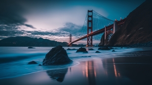 Ai Art Golden Gate Bridge Blue Hour Bridge Water Rocks Reflection Sky Clouds Waves 4579x2616 Wallpaper