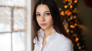 Women Maxim Maximov Portrait Freckles Christmas Mariya Volokh Brunette Bokeh Long Hair White Shirt L 2048x1395 Wallpaper