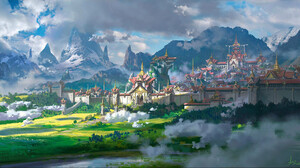 Digital Art Fantasy Art Ling Xiang Landscape Fantasy City Castle Mountains 1919x1058 wallpaper