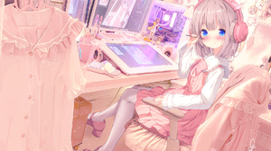 Anime Anime Girls Sitting Looking At Viewer Blushing Headphones Smiling Computer Drawing Chair Water 1820x1264 wallpaper