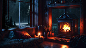 Fireplace Night Glass Window Rain Trees Candles Interior 1920x1080 Wallpaper