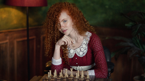 Anastasia Barmina Women Redhead Long Hair Curly Hair Freckles Red Clothing Chess Blue Eyes Pale Sitt 2100x1680 Wallpaper