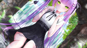 Anime Anime Girls Artwork Purple Hair Green Eyes Tokoyami Towa Virtual Youtuber Hololive Skirt Tatto 3912x3314 Wallpaper