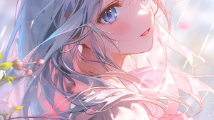 Anime Anime Girls Portrait Display Petals Blue Hair Blue Eyes Looking At Viewer Flowers Sunlight Lon 1856x2464 Wallpaper