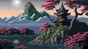 Pixel Art Building Trees Mountains Water Asian Architecture Pagoda Cherry Blossom Branch Stones Stai 1920x1200 Wallpaper