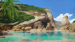 Digital Art Artwork Illustration CGi Unreal Engine 5 Landscape Rock Formation Nature Water Sea Palm  3840x1604 Wallpaper