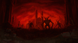 Dusk Red Sky Red Creature Horror Looking At Viewer Cathedral Glowing Eyes Artwork 1920x1080 wallpaper