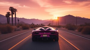 Ai Art Synthwave Sports Car Driving Sunset Desert Rear View Car Licence Plates Sun Sunset Glow Sky M 3854x2160 Wallpaper