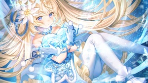 Anime Anime Girls Blonde Blue Eyes Flower In Hair Gloves Long Hair Snowflakes Smiling 2877x2232 Wallpaper
