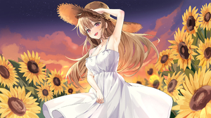 Anime Anime Girls Hat Women With Hats Flowers Plants Sunflowers Red Eyes Women Outdoors Yellow Flowe 3840x2160 Wallpaper