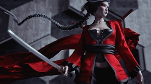 Artwork Women Render 3D Asian CGi Red Clothing Sword Ninja Portrait Japanese Wind Looking Away Braid 6496x4488 Wallpaper