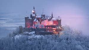 Castle Hohenzollern Snow Germany Winter Sky Mist Forest Trees Lights Castle 3840x2160 Wallpaper