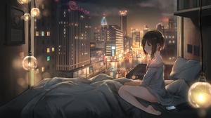 Anime Girls Anime Barefoot City Cityscape Brunette In Bed Bed Women Indoors Indoors Shoulder Length  1920x1080 Wallpaper