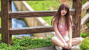 Asian Model Women Long Hair Brunette Sitting Legs Crossed Railings Grass Sneakers Shorts Pink Tops R 1920x1280 Wallpaper