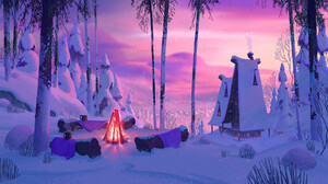 Gavin ODonnell Digital Art Snow Campfire Cabin Forest Mug 1920x1080 Wallpaper