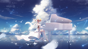 Anime Girls Anime Genshin Impact Piano Lumine Genshin Impact Sky Clouds Dress Flower In Hair Elbow G 5000x2657 Wallpaper