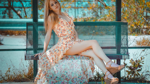Artur Kurjan Women Blonde Dress Flower Dress Legs Bench Outdoors Wedge Heels 2048x1365 Wallpaper