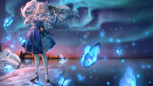 Anime Anime Girls Aurorae Butterfly Violin Dress Black Heels Heels Silver Hair Long Hair Looking At  2270x1400 Wallpaper