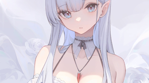 Anime Girls Anime Horns Pointy Ears Necklace Blue Hair Blue Eyes Fantasy Art Fantasy Girl Long Hair  1136x1462 Wallpaper