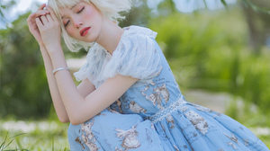 Photography Blonde Blue Dress Baskets Blush Closed Eyes Flowers Hair Bow Blue Bow Asian 1680x2520 Wallpaper