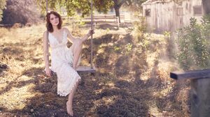 Actress Depth Of Field Emma Stone Redhead Sunny Swing White Dress 5575x3773 Wallpaper