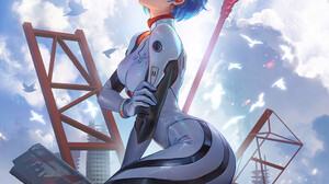 Jiuge Drawing Ayanami Rei Blue Hair Ruins Sky Bodysuit Anime Girls Short Hair Looking At Viewer Clou 975x1425 wallpaper