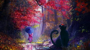 Black Cat Red Trees Japanese Clothes Umbrella Anime Girls Nature Cats Kimono Leaves Reflection Trees 1920x1080 Wallpaper