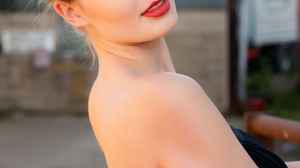 Looking At Viewer Bare Shoulders Model Women Outdoors Blonde Red Lipstick Black Dress Women 1790x2604 Wallpaper