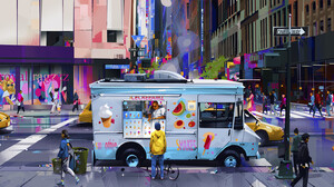 Artwork Digital Art Ice Cream Van Colorful City Streets Vehicle City Street Walking Pedestrian Bridg 1920x858 Wallpaper