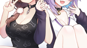 Looking At Viewer Digital Digital Art Anime Anime Girls Cat Ears Brunette Purple Hair Holding Hands  1443x2000 Wallpaper
