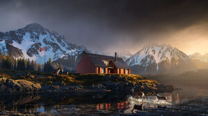 Norway Europe Digital Art Artwork Nature Landscape Mountains Snow Lake House Reflection CGi Deer For 2800x1833 Wallpaper