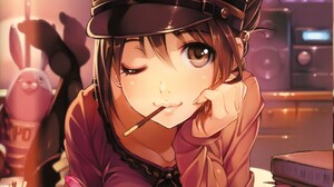 Anime Girls Hat Sweets Wink Vania600 Artwork Brunette Brown Eyes 4238x6025 wallpaper