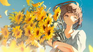 Digital Art Artwork Illustration Women Anime Anime Girls Flowers Sunflowers Looking At The Side Brun 2635x1585 wallpaper