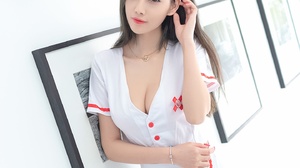 Women Brunette Long Hair Nurse Outfit Head Tilt Indoors Bright Lipstick Red 1440x2160 Wallpaper