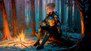 Stable Diffusion Neural Network Forest Mist Dark Campfire Bonfire Warrior Sitting Armor Blonde Souls 6144x4096 Wallpaper