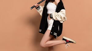 Asian Model Women Long Hair Dark Hair Shorts White Tops Jacket Baseball Cap Baseball Bat Sneakers Br 1536x1920 Wallpaper
