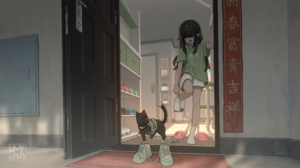Hua Ming Wink Yun Xi Anime Anime Girls Long Hair Cats Animals Shoes Standing On One Leg Door Doorway 5189x2919 Wallpaper