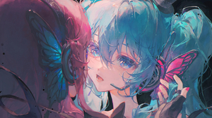 Anime Anime Girls Hatsune Miku Megurine Luka Vocaloid Headphones Blue Eyes Blue Hair Twintails Pink  3700x1800 Wallpaper