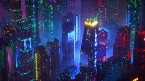 Cityscape Digital Art Neon Cyberpunk Building Lights 2800x1436 Wallpaper