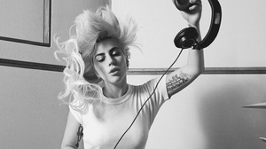 Lady Gaga Monochrome Long Hair Closed Eyes Tattoo Headphones 6000x3375 Wallpaper