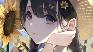 Anime Anime Girls Huruyi Artwork Black Hair Braids Black Eyes Straw Hat Sunflowers 2107x3065 Wallpaper