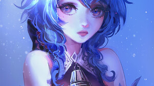 Nixeu Women Anime Anime Girls Blue Hair Purple Eyes Pink Lipstick Blue Background ArtStation Looking 921x1400 wallpaper