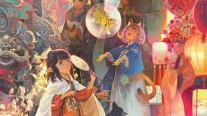 Wenjun Lin Digital Art Anime Illustration Tiger Spring Festival Lantern Chinese Zodiac Chinese Knot  1400x2893 Wallpaper