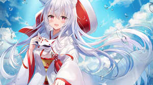 Anime Anime Girls Retsuto Artwork Fox Girl Japanese Clothes Long Hair Silver Hair Red Eyes Blush Tea 3541x2507 Wallpaper