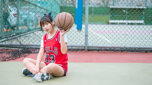 Asian Model Women Dark Hair Long Hair Sitting Legs Crossed Basketball Sneakers Hair Ribbon Fence Chi 2367x1510 Wallpaper