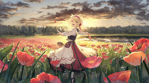 Anime Girls Landscape Sunset Field Red Flowers Bionekojita Women 2444x1305 Wallpaper
