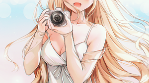 Anime Anime Girls Blonde Camera Long Hair Brown Eyes Dress Artwork Weri 1095x1421 Wallpaper