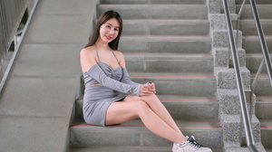 Asian Model Women Long Hair Dark Hair Sitting Stairs Sneakers Grey Skirt Grey Tops Iron Railing 1920x1280 Wallpaper
